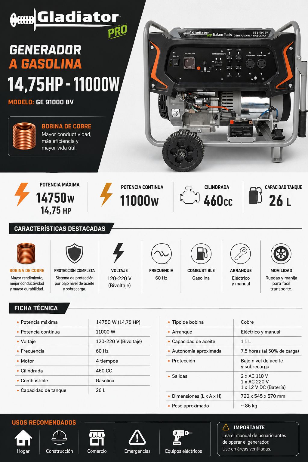 GLADIATOR GENERADOR 10000-11000W 14HP