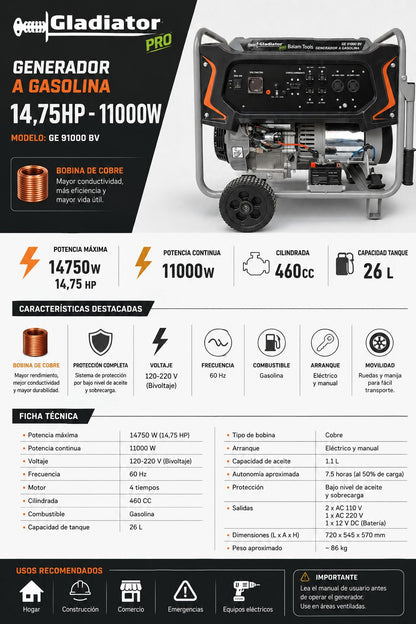 GLADIATOR GENERADOR 10000-11000W 14HP
